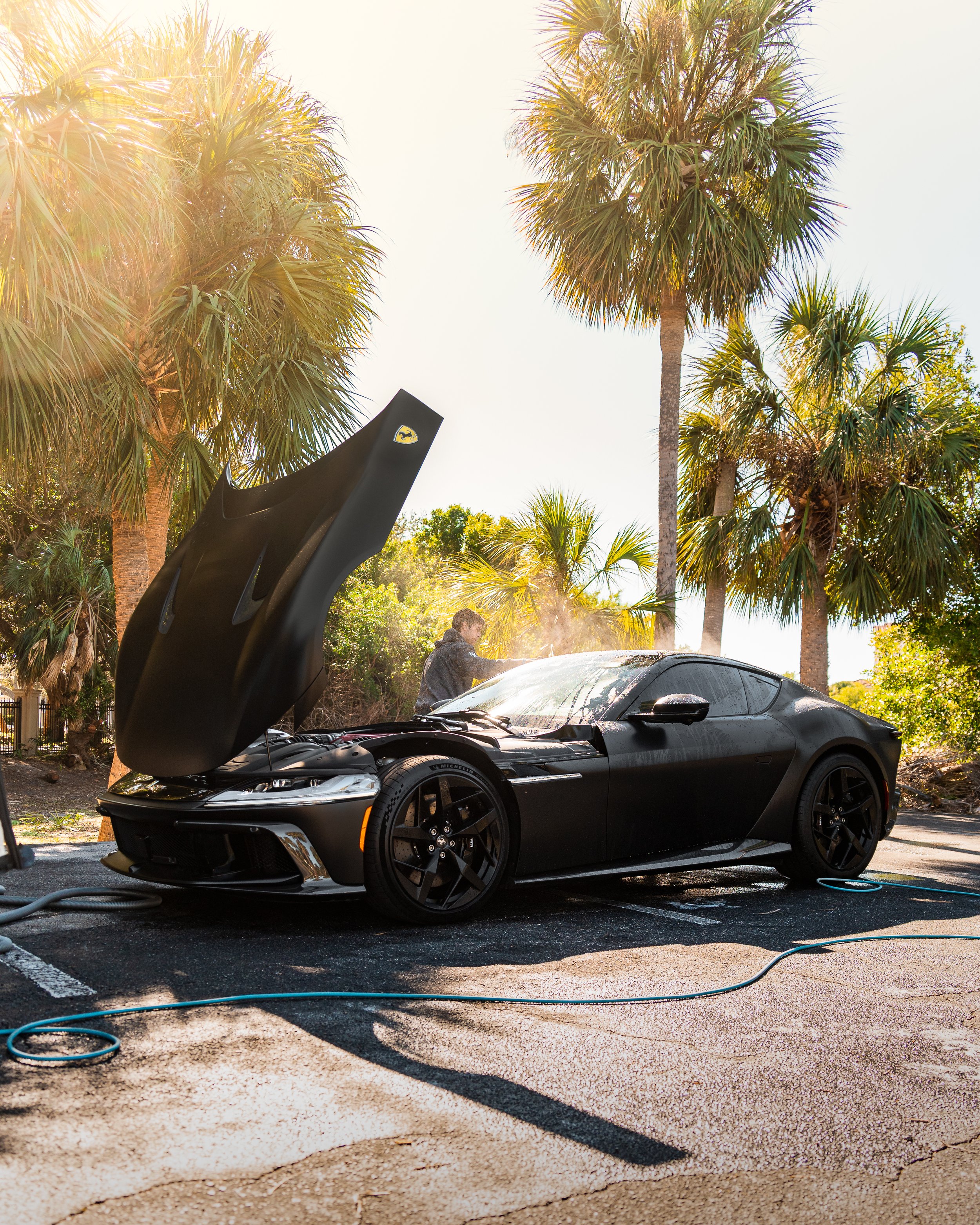 A black sports car parked in an outdoor lot with the hood open, being washed by a person. Tall palm trees and bright sunlight are in the background.