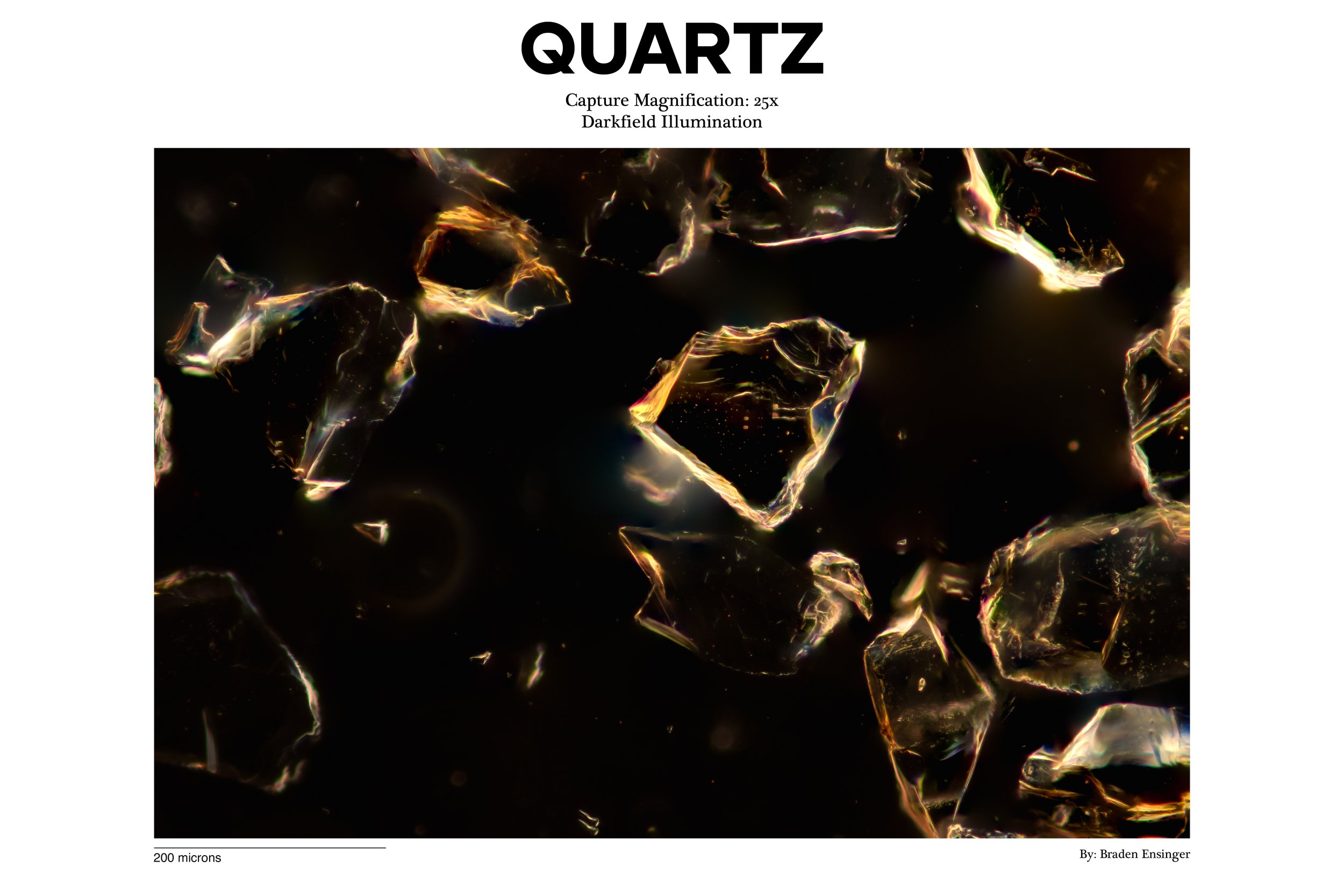 Photograph of fractured quartz crystals illuminated against a dark background, magnified 25 times under darkfield illumination.