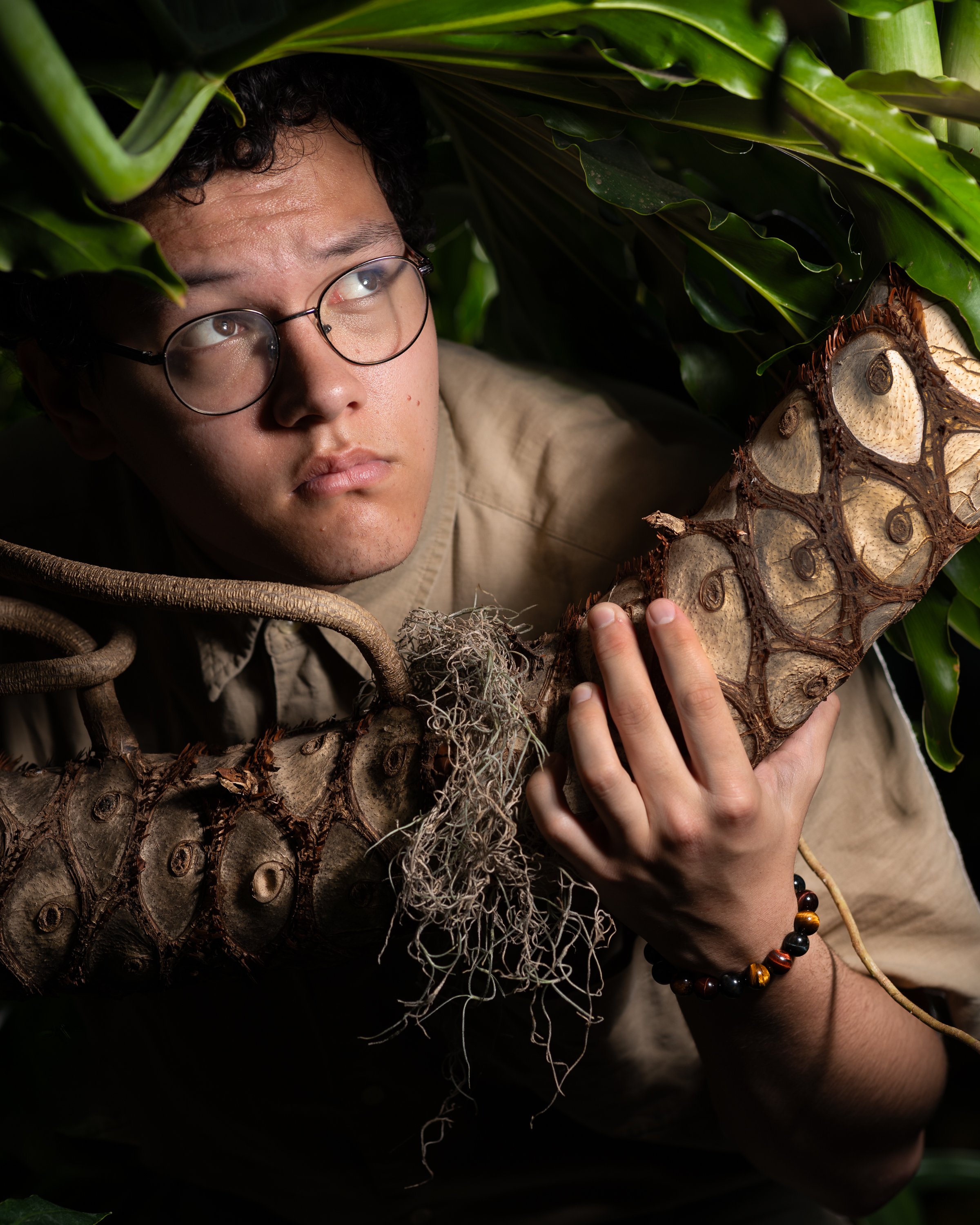 An explorer with glasses, holding a large, cut section of a cactus stem with thorny surface and roots, surrounded by green leaves.